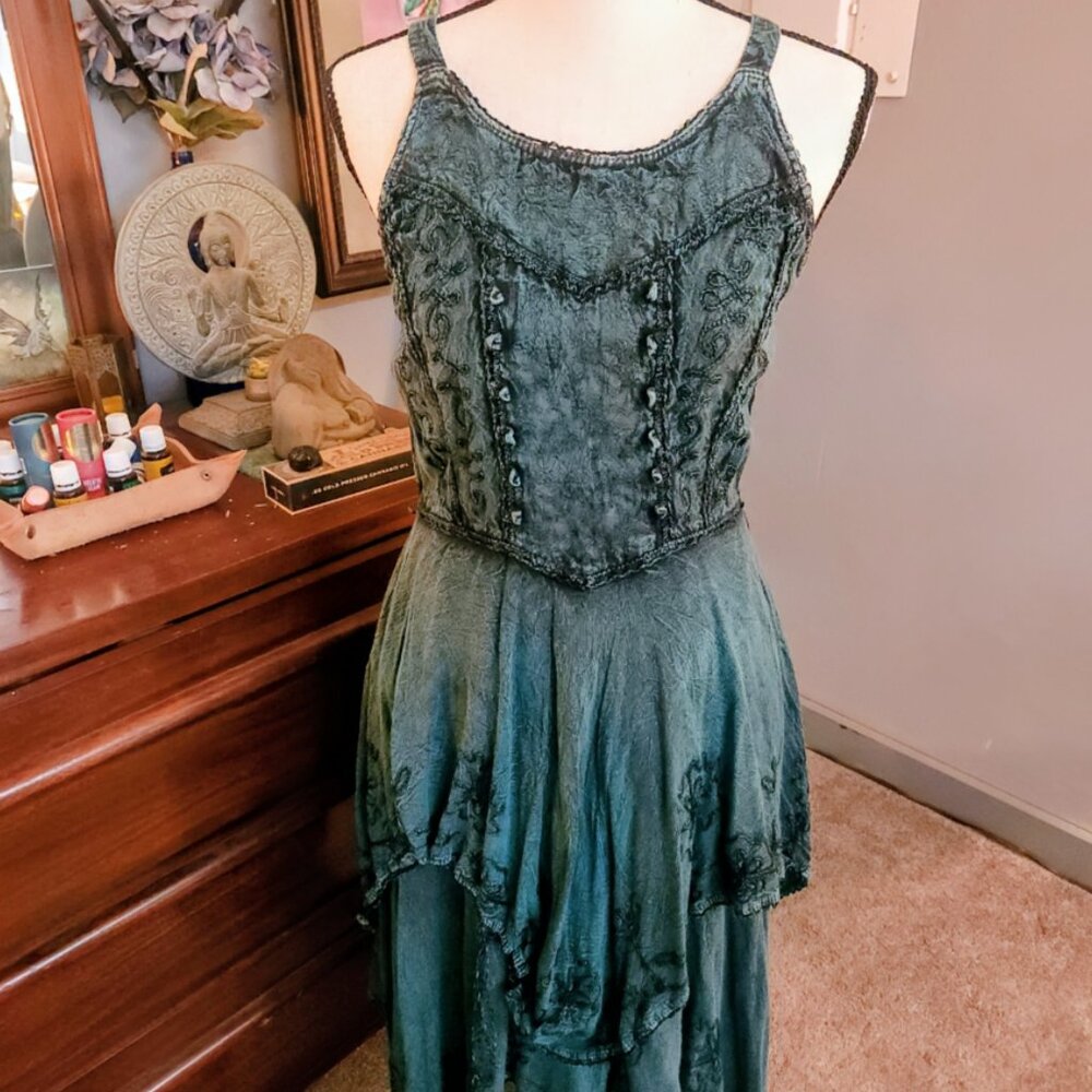My Choice Corset Layered Ebroidered Goth Fairy Elven Midi Dress Turquoise Sz M